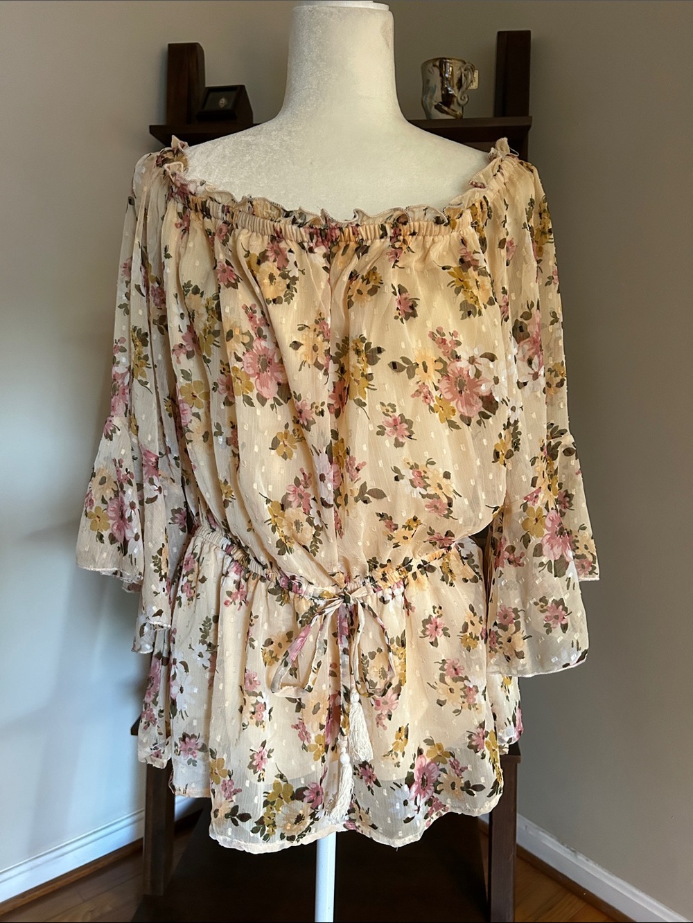 Cream Floral Off-Shoulder Blouse with Pink Accents